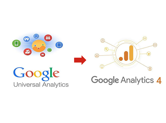 Afbeelding met het oude logo van Google Universal Analytics, met daarnaast het logo van Google Analytics 4